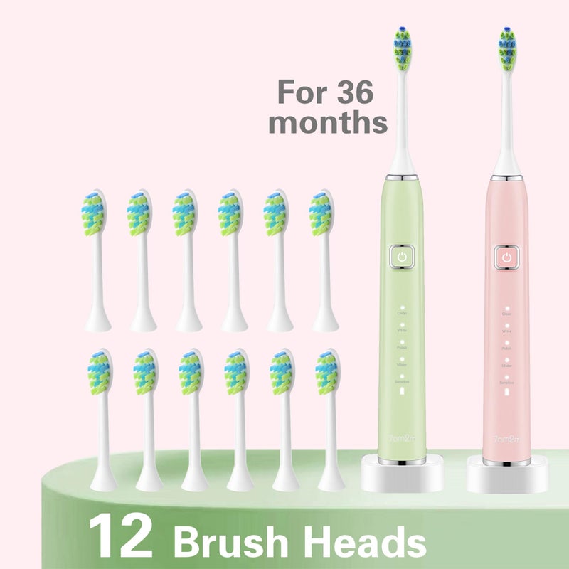 7AM2M Electric Toothbrush 2 Pack Set for Kids and Adults, 12 Brush Heads,5 Adjustable Modes, Built-in 2-Minute Smart Timer, Wireless Fast Charge for 60 Days,IPX7Waterproof SonicToothbrush(Green+Pink) - Image 5